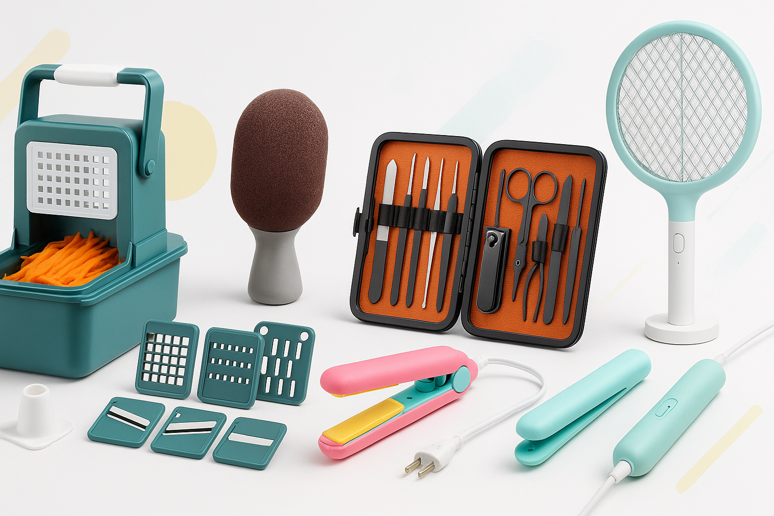 make a banner with image of like Multi-Functional Vegetable Cutter Slicer & Grater, Cleaner Kitchen Rust Pot Pans Cleaning Scrubber,Manicure & Pedicure Grooming Kit, Mini Portable Hair Straightener & Curler (Random Colour), Mini USB Electric Mosquito Swatter, Mini Portable Hair Straightener & Curler (Random Colour)