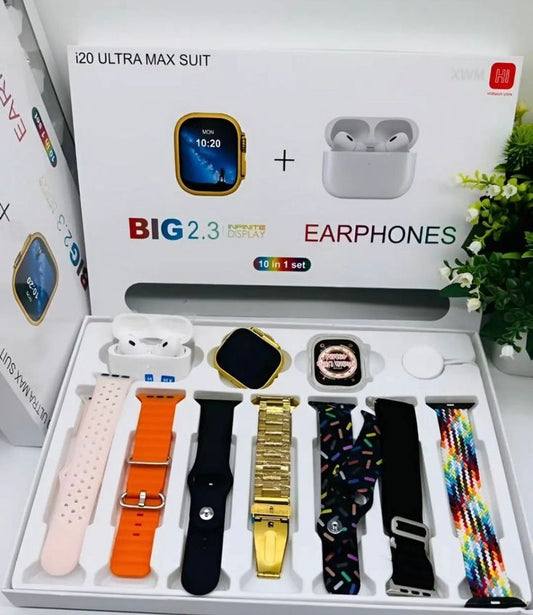 I20 Ultra Max Suit – 7-in-1 Smart Watch with Wireless Earbuds | Premium Gift Combo