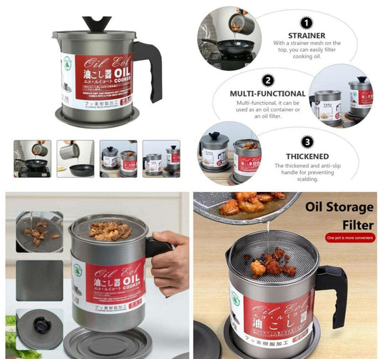 Stainless Steel Kitchen Oil Filter Pot – 1.4 Liter with Lid & Strainer